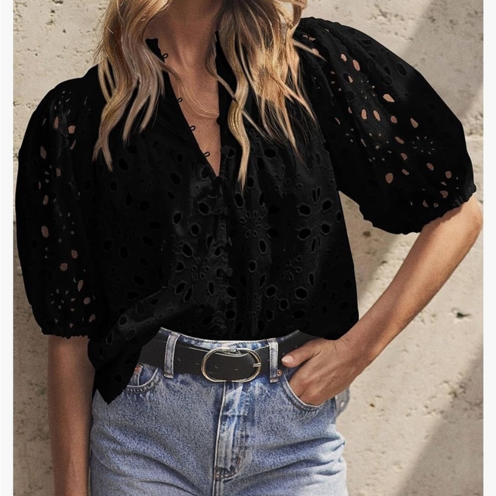 Pretty Garden Eyelet Short Lantern Puffy Sleeve  Blouse Black Size XL